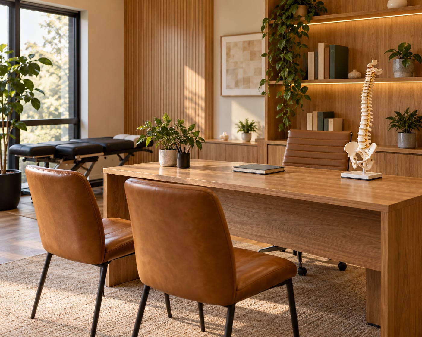 Mesa de madeira com modelo de coluna vertebral, duas cadeiras de couro caramelo e estante com plantas